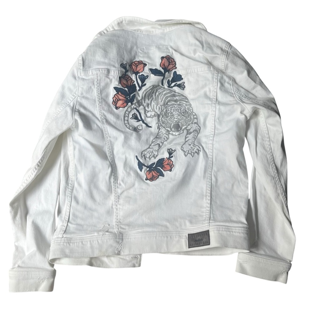 Hollister White Denim Jacket with Embroidered Tiger and Pink Roses